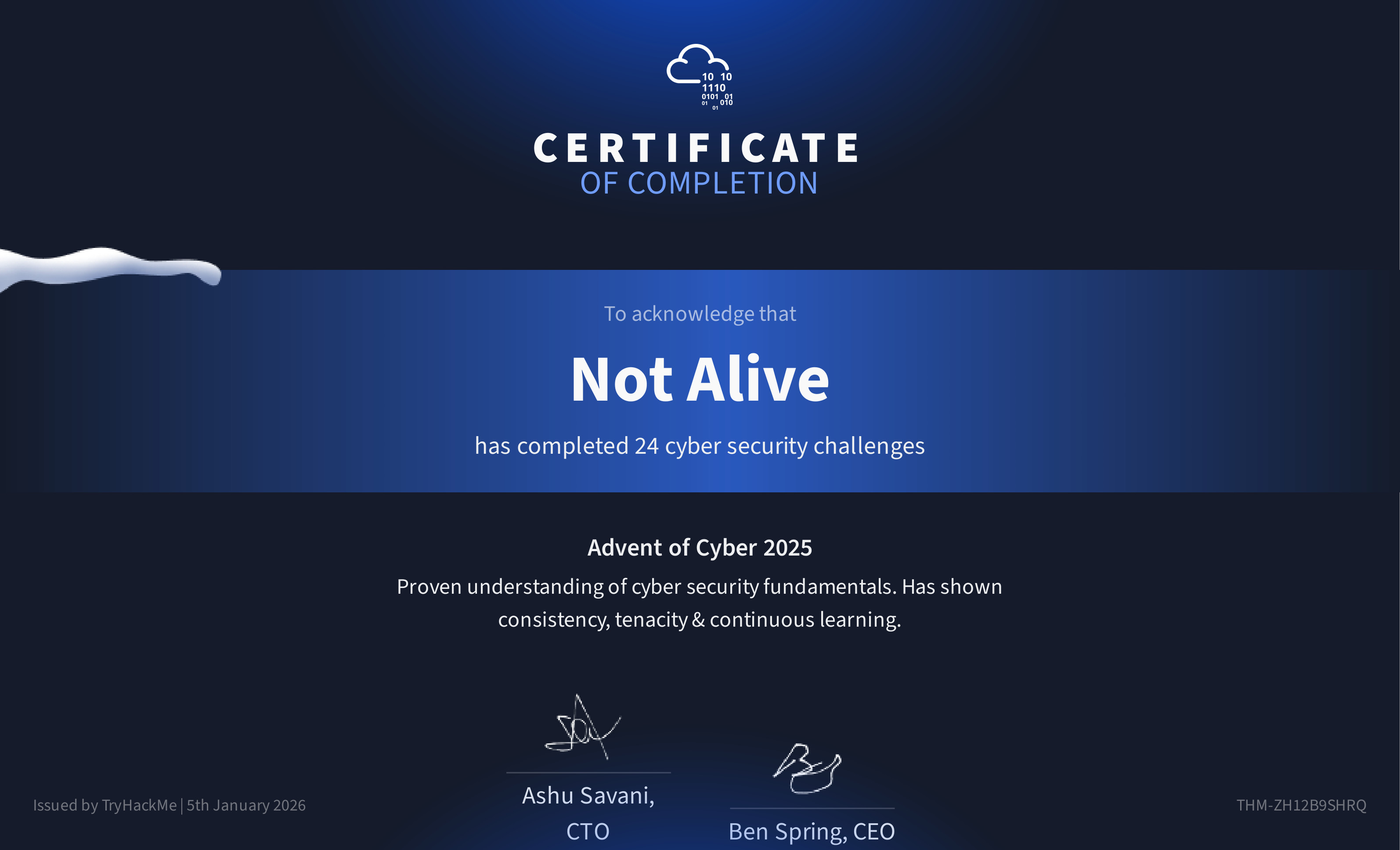 Certificate of completion for TryHackMe's Advent of Cyber 2025 CTF