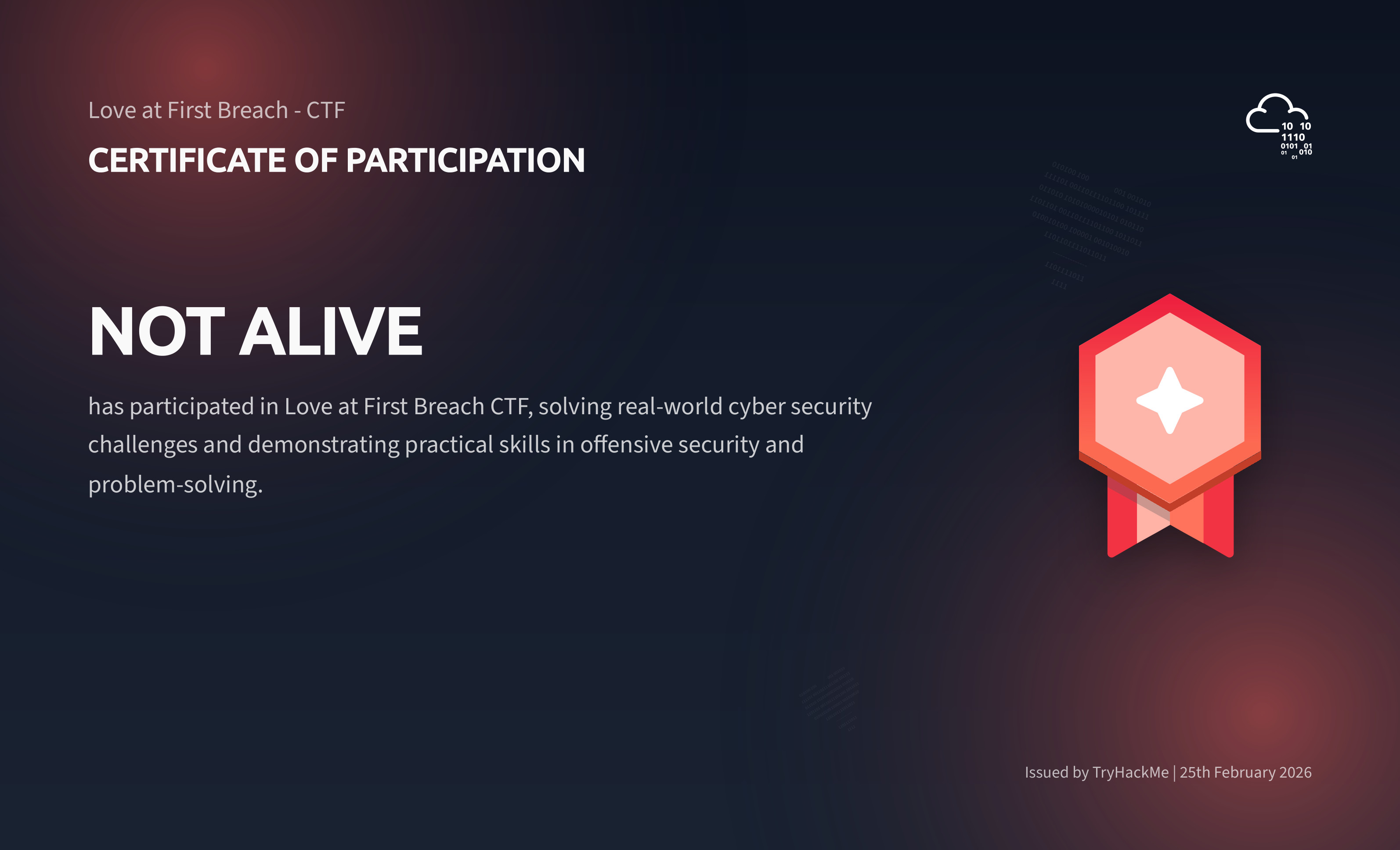 Certificate of completion for TryHackMe's Love at First Breach CTF